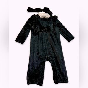 Little me rainbow shimmering black velvet one piece with matching headband